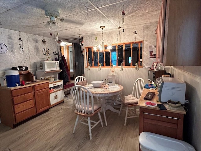 dining area featuring ceiling fan, a drop ceiling, and light hardwood / wood-style floors