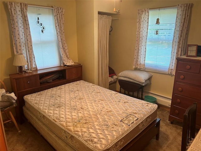 bedroom featuring dark carpet and multiple windows