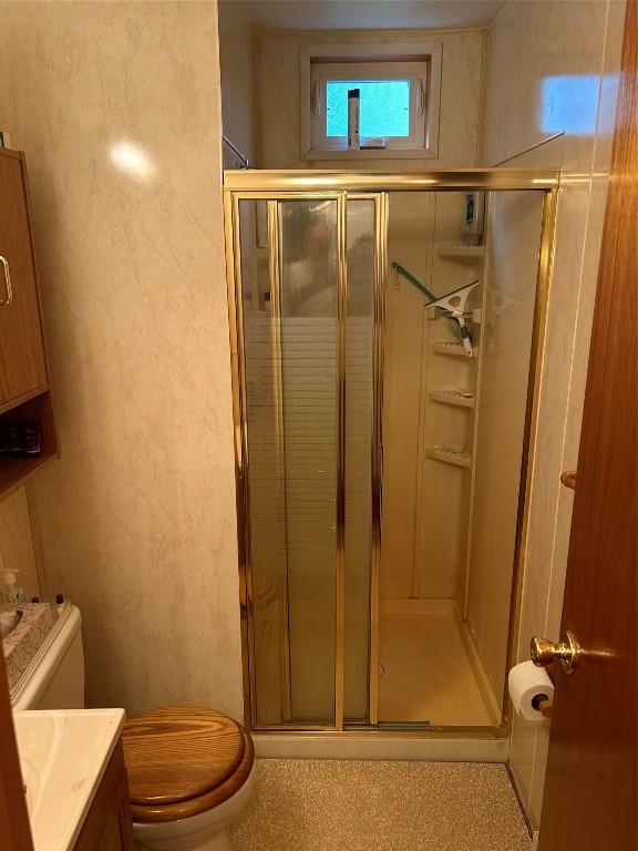 bathroom featuring a shower with door, vanity, and toilet