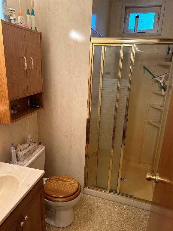 bathroom featuring vanity, toilet, and a shower with shower door