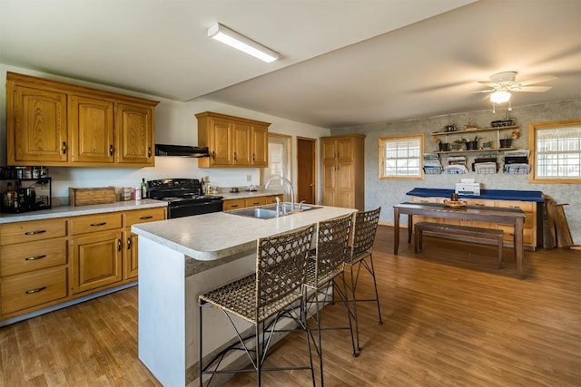 kitchen featuring sink, a kitchen breakfast bar, light hardwood / wood-style flooring, black electric range oven, and a center island with sink