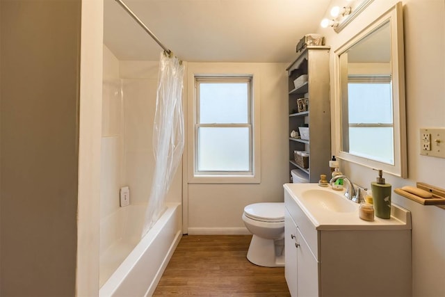 full bathroom featuring vanity, shower / bathtub combination with curtain, wood-type flooring, and toilet