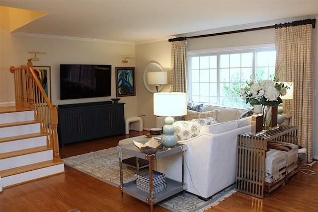 1351 Top Rd, Erie, PA 16505 - living room featuring ornamental molding, wood finished floors, and stairway