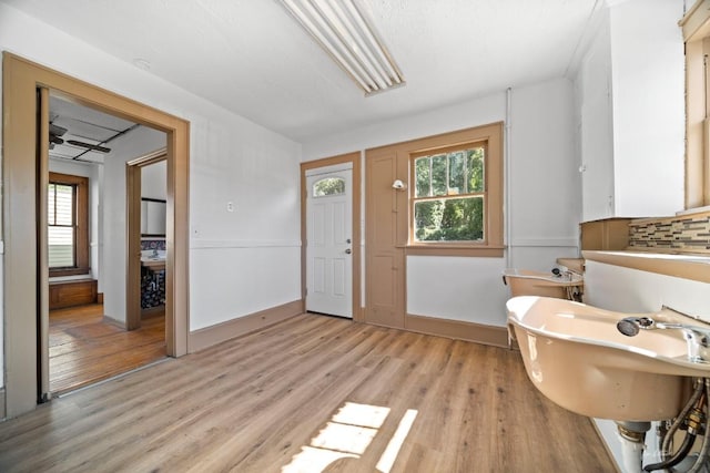 bathroom featuring wood-type flooring and backsplash