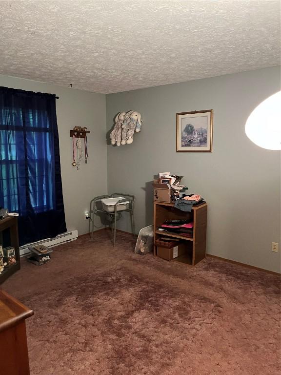 6915 Snodgrass Rd, Jamestown, PA 16134 - carpeted entrance foyer featuring a baseboard radiator and a textured ceiling