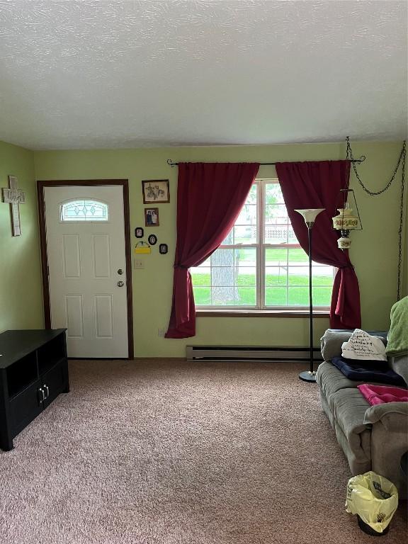 6915 Snodgrass Rd, Jamestown, PA 16134 - carpeted living room with baseboard heating and a textured ceiling