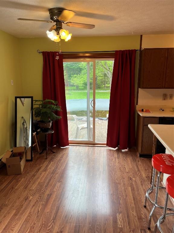6915 Snodgrass Rd, Jamestown, PA 16134 - kitchen with a ceiling fan, wood finished floors, and light countertops