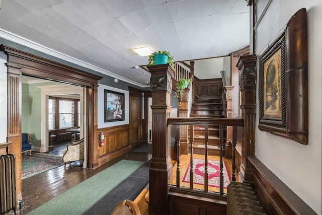 corridor with ornamental molding, wooden walls, radiator heating unit, and dark hardwood / wood-style flooring