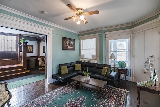 living room with ornamental molding, radiator, hardwood / wood-style floors, and ceiling fan