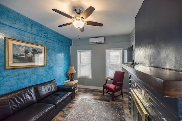 living room with dark hardwood / wood-style flooring, a wall mounted air conditioner, and ceiling fan