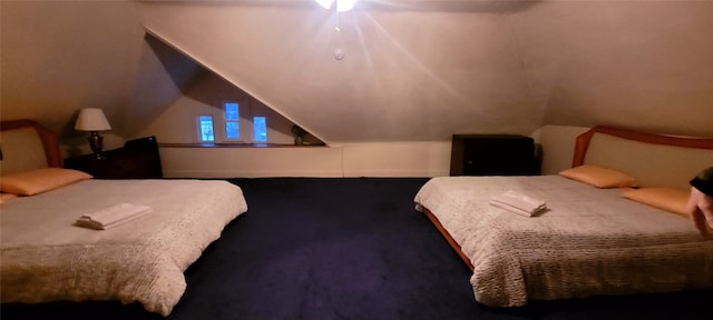 bedroom with ceiling fan and vaulted ceiling