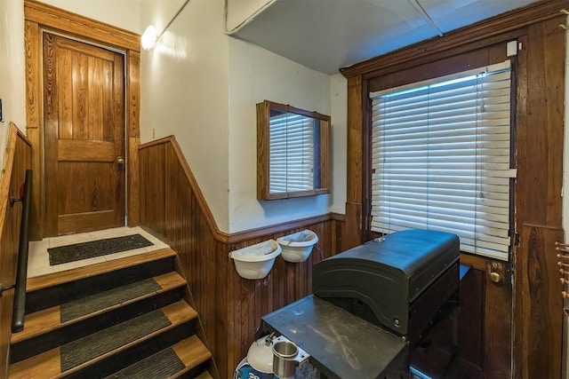 miscellaneous room featuring wood walls