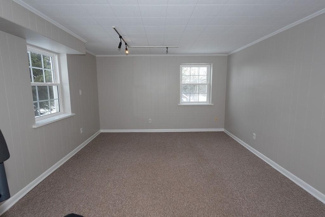 carpeted empty room featuring baseboards, ornamental molding, and track lighting