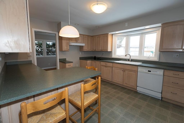 kitchen featuring white dishwasher, light brown cabinets, under cabinet range hood, a sink, and pendant lighting