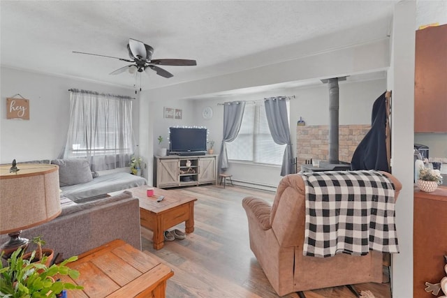 living room with ceiling fan, light hardwood / wood-style floors, a textured ceiling, and a wood stove