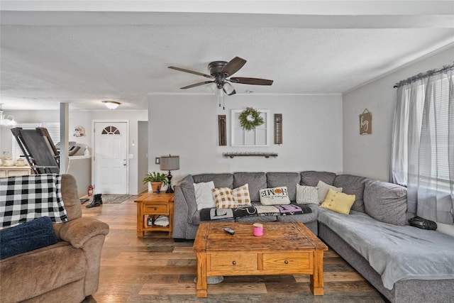 living room with ceiling fan, dark hardwood / wood-style flooring, washer / dryer, and a textured ceiling