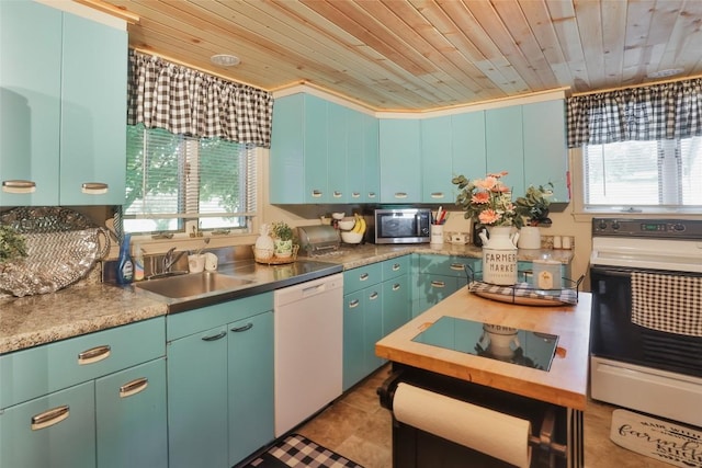 kitchen featuring stainless steel microwave, crown molding, a sink, wooden ceiling, and dishwasher