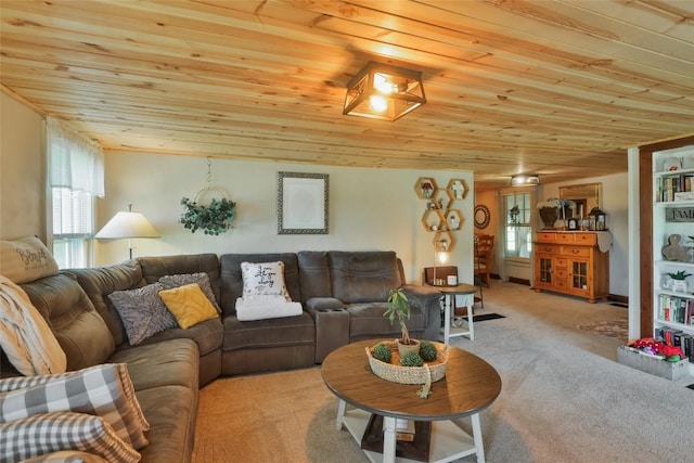 living room featuring carpet floors and wooden ceiling