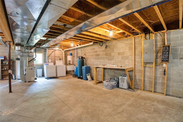 13151 Water Ext, Edinboro, PA 16412 - below grade area featuring washer and clothes dryer, electric panel, a water softener system, and heating unit