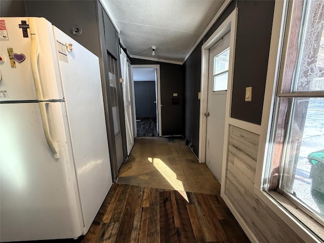 corridor featuring lofted ceiling, crown molding, dark wood-type flooring, and a textured ceiling