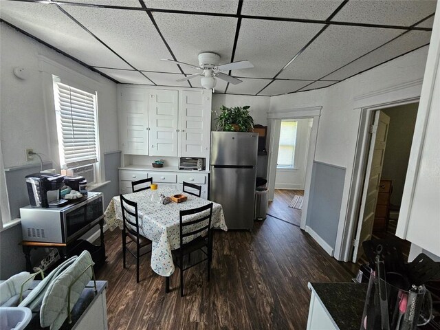 520 E 2nd St, Erie, PA 16507 - kitchen featuring stainless steel appliances, a ceiling fan, white cabinetry, dark wood-style flooring, and a drop ceiling