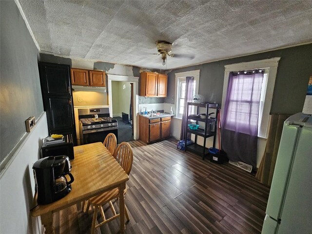520 E 2nd St, Erie, PA 16507 - kitchen with stainless steel range with gas stovetop, brown cabinets, dark wood-style floors, ceiling fan, and light countertops