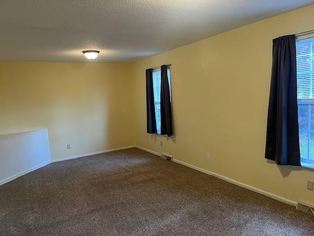 carpeted empty room featuring a textured ceiling