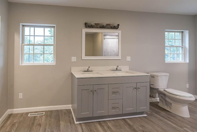 bathroom featuring hardwood / wood-style floors, vanity, and toilet