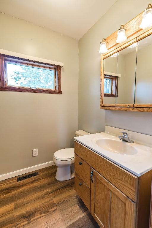 bathroom featuring hardwood / wood-style floors, vanity, and toilet