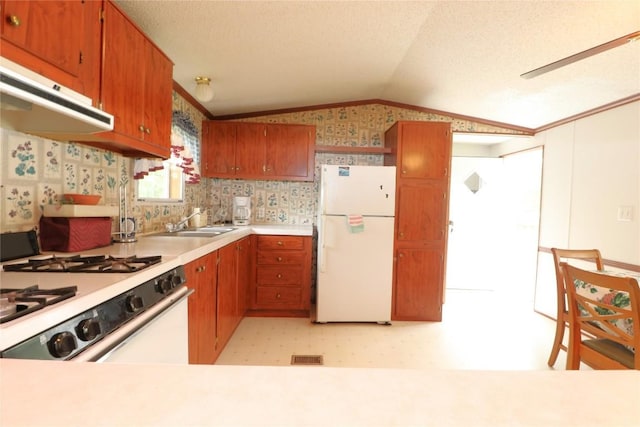 22080 Merganser Ln, Cochranton, PA 16314 - kitchen featuring white appliances, exhaust hood, vaulted ceiling, light countertops, and a sink