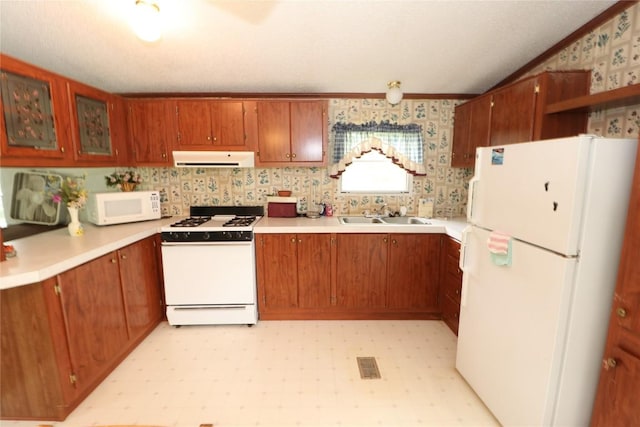 22080 Merganser Ln, Cochranton, PA 16314 - kitchen featuring white appliances, ventilation hood, a sink, light flooring, and wallpapered walls