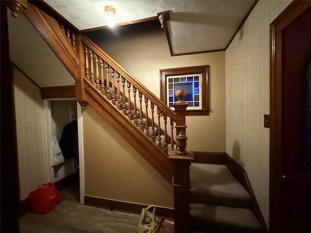 staircase featuring baseboards and carpet flooring