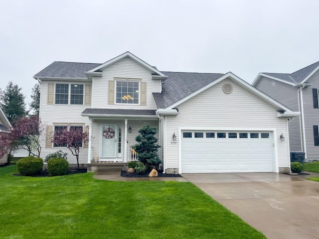 traditional-style home featuring concrete driveway, an attached garage, a front lawn, and a shingled roof