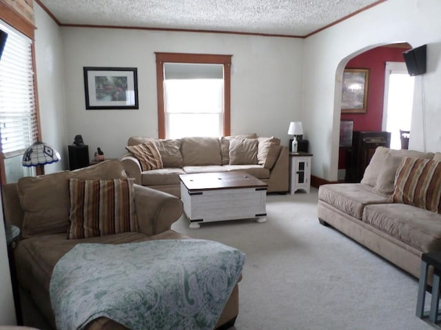 living area with plenty of natural light, arched walkways, a textured ceiling, and light colored carpet