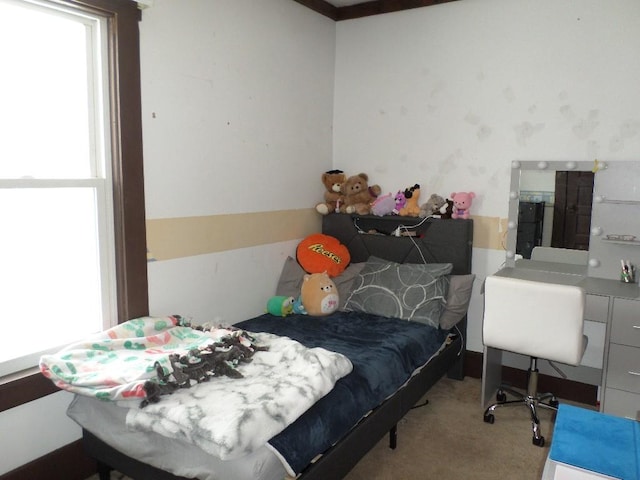 bedroom with multiple windows and light colored carpet