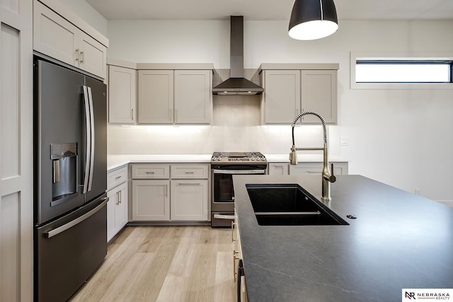 kitchen with appliances with stainless steel finishes, decorative backsplash, hanging light fixtures, wall chimney exhaust hood, and sink