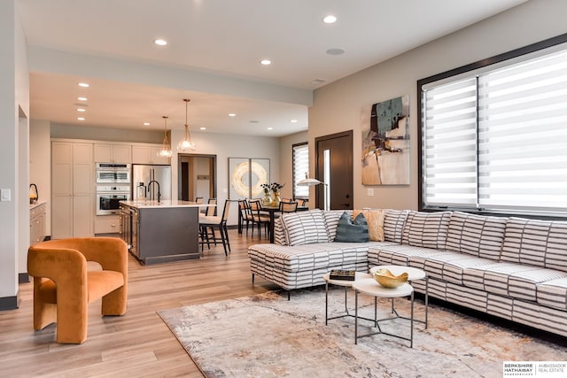 living room with a healthy amount of sunlight and light hardwood / wood-style floors