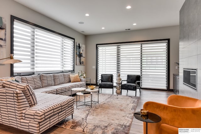 living room with hardwood / wood-style flooring and a fireplace