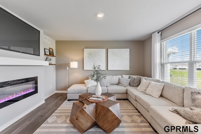 living room featuring dark hardwood / wood-style flooring