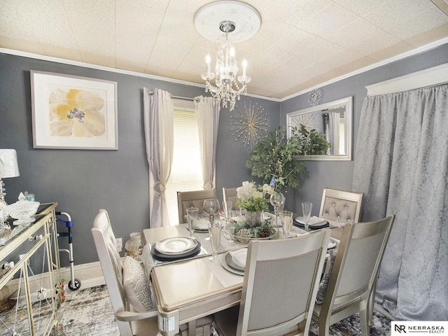 dining space with crown molding and an inviting chandelier