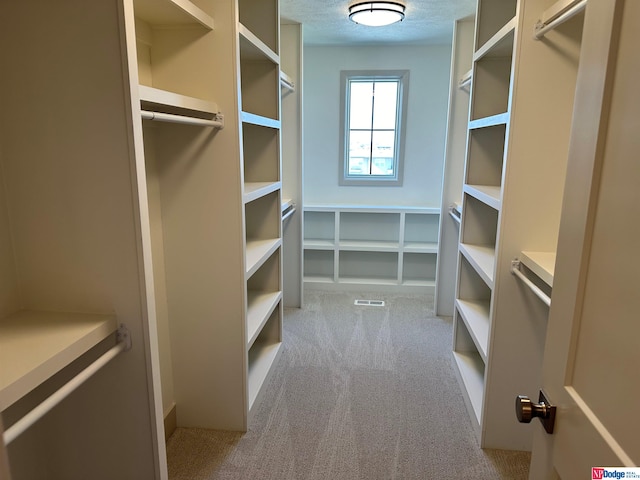 spacious closet featuring light colored carpet