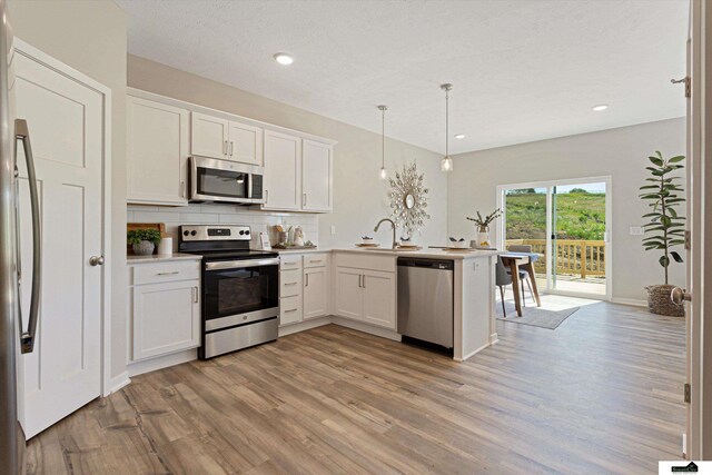 11719 S 125th St, Papillion, NE 68046 - kitchen featuring a sink, backsplash, light wood finished floors, appliances with stainless steel finishes, and a peninsula