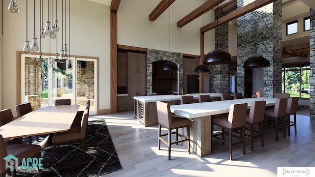 dining room featuring beam ceiling, a towering ceiling, and dark hardwood / wood-style floors