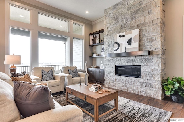 living room with a wealth of natural light, a fireplace, and dark hardwood / wood-style floors