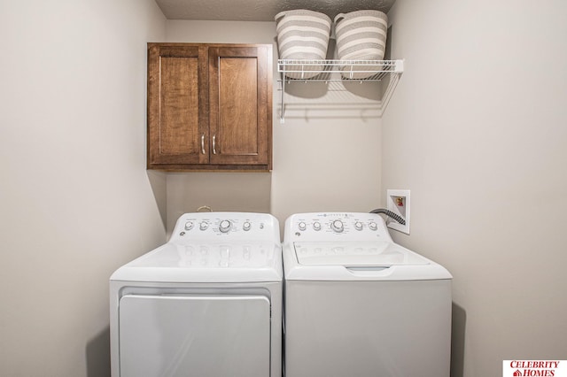 laundry room featuring cabinets, washing machine and dryer, and hookup for a washing machine