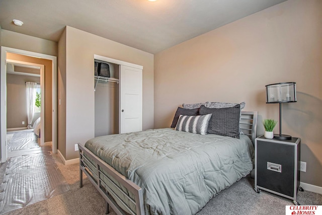 bedroom with carpet flooring and a closet