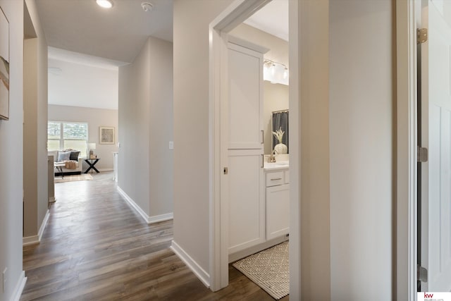 hallway with sink and dark wood-type flooring