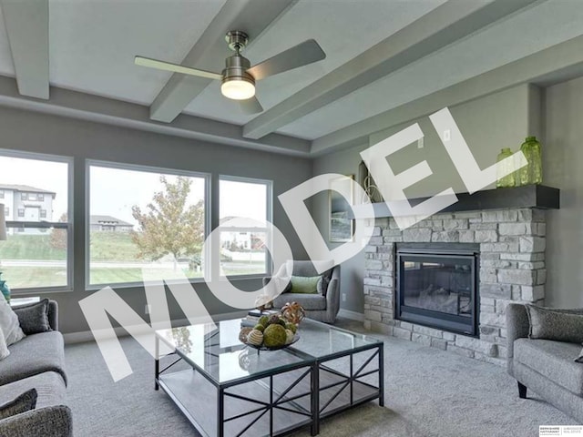 living room with beamed ceiling, a fireplace, and carpet flooring