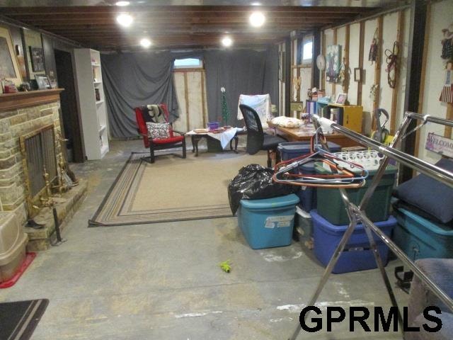 basement featuring a fireplace