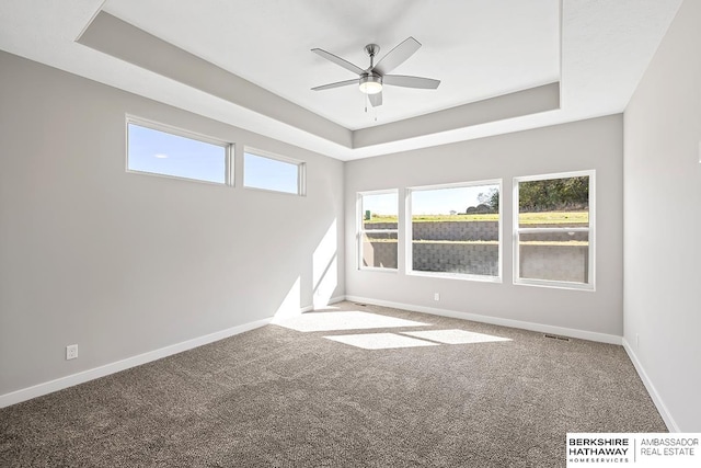 unfurnished room with carpet floors, a healthy amount of sunlight, a tray ceiling, and ceiling fan